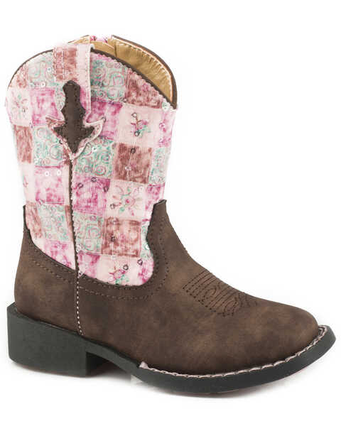 Roper Toddler Girls' Floral Shine Sequin Western Boots - Broad Square Toe, Brown, hi-res