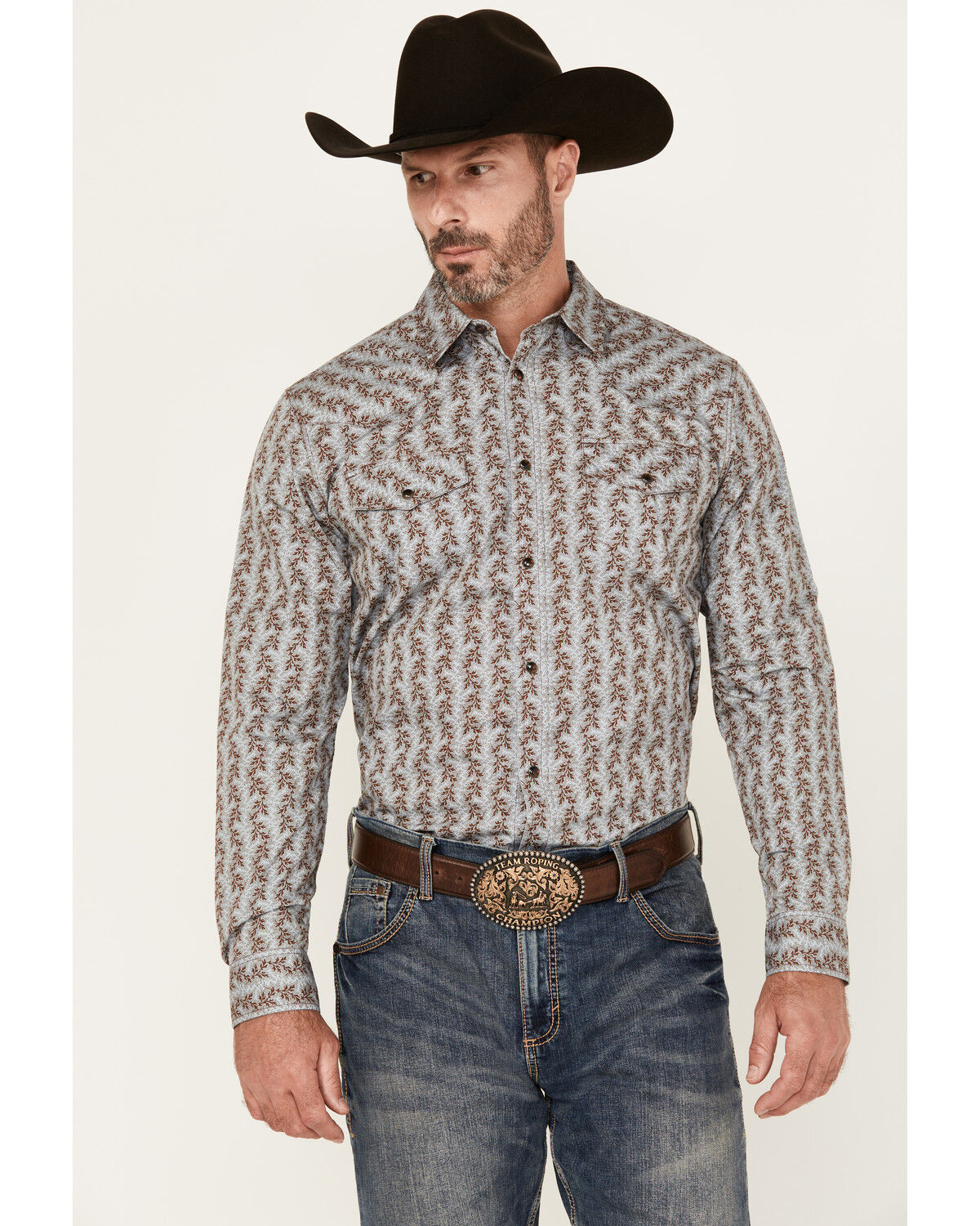 Image #1 - Gibson Trading Co Men's Broken Stick Floral Print Long Sleeve Snap Stretch Western Shirt, Blue, hi-res