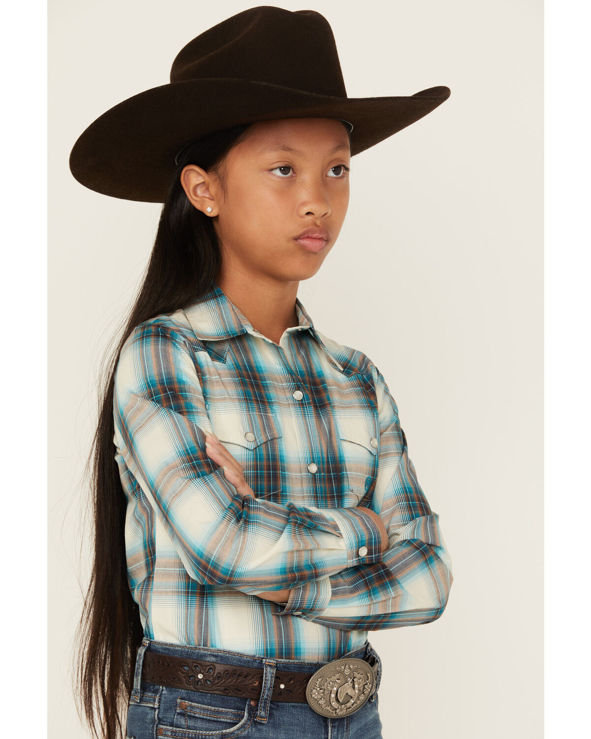 Image #2 - Roper Girls' Plaid Print Long Sleeve Snap Western Shirt, Brown, hi-res