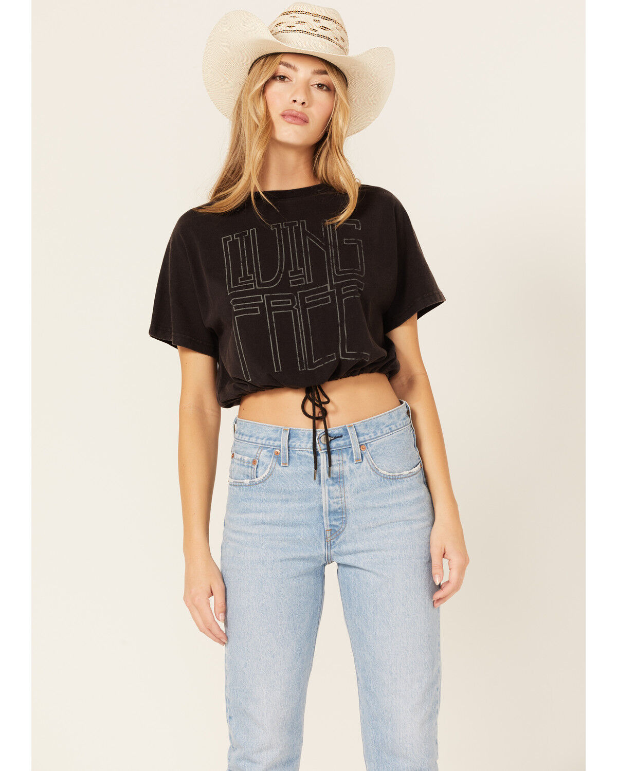 Image #2 - Cleo + Wolf Women's Living Free Graphic Drawcord Crop Tee, Black, hi-res