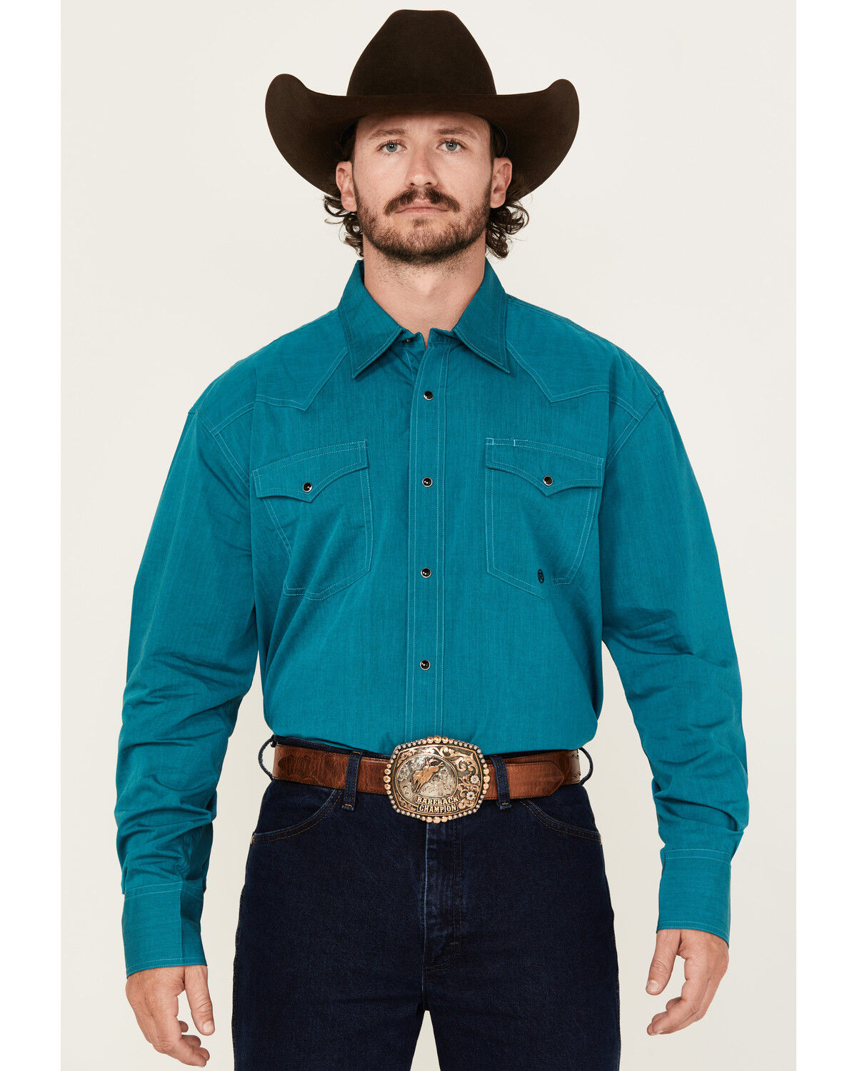 Image #1 - Roper Men's Amarillo Solid Long Sleeve Snap Western Shirt, Turquoise, hi-res