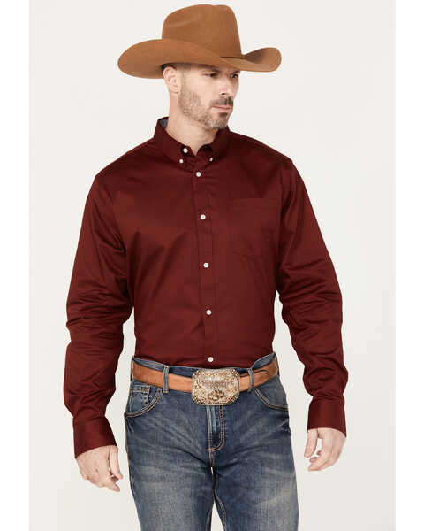RANK 45® Men's Twill Logo Long Sleeve Button-Down Stretch Western Shirt , Wine, hi-res