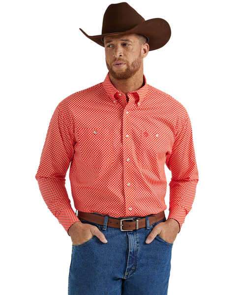 George Strait by Wrangler Men's Geo Print Long Sleeve Button-Down Stretch Western Shirt , Red, hi-res