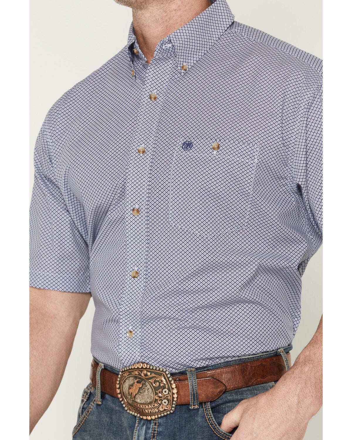 Image #3 - Wrangler Men's Classics Geo Print Short Sleeve Button-Down Western Shirt, Blue, hi-res