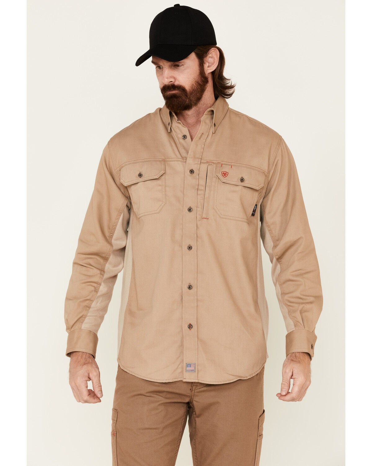 Ariat Men's FR Solid Vent Long Sleeve Work Shirt, Beige/khaki, hi-res