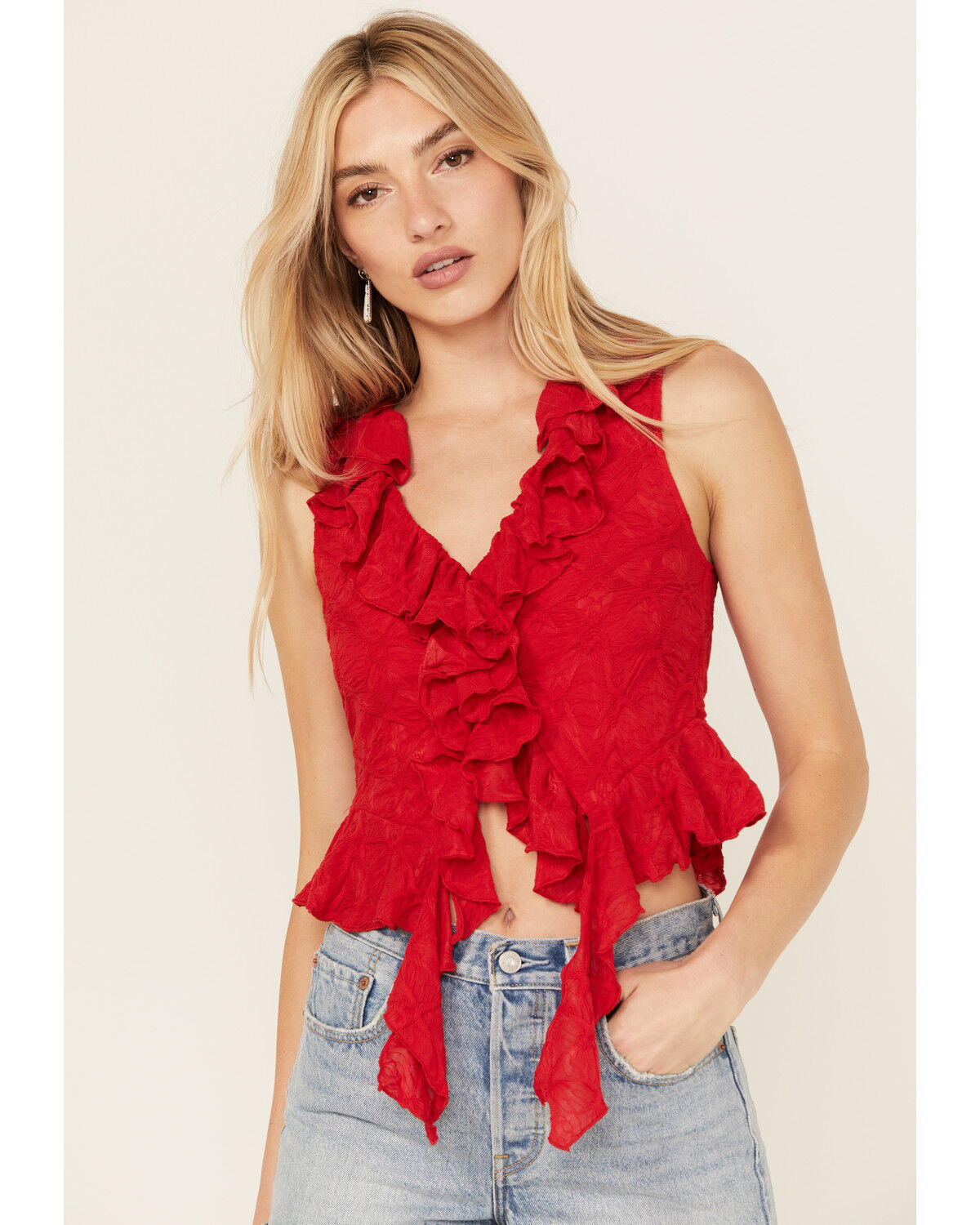 Image #1 - Miss Me Women's Textured Ruffle Tank Top, Red, hi-res