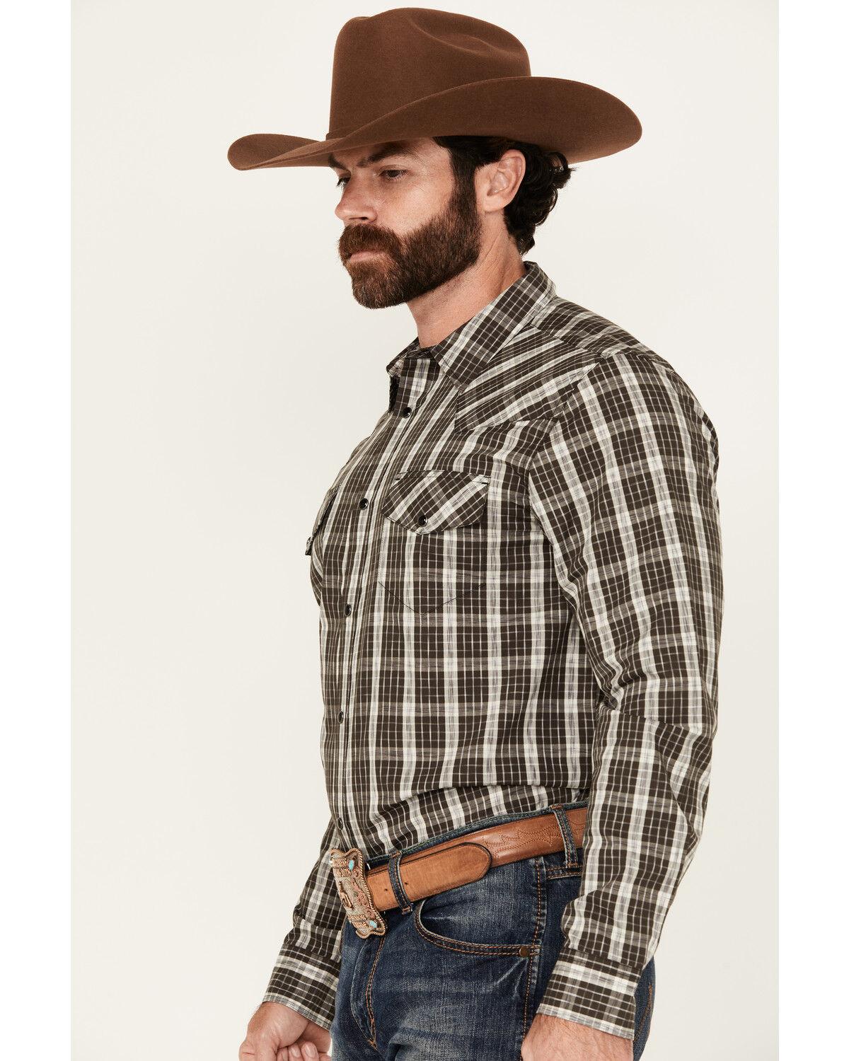Image #2 - Gibson Trading Co Men's Dark Knight Plaid Print Long Sleeve Snap Stretch Western Shirt, Black, hi-res