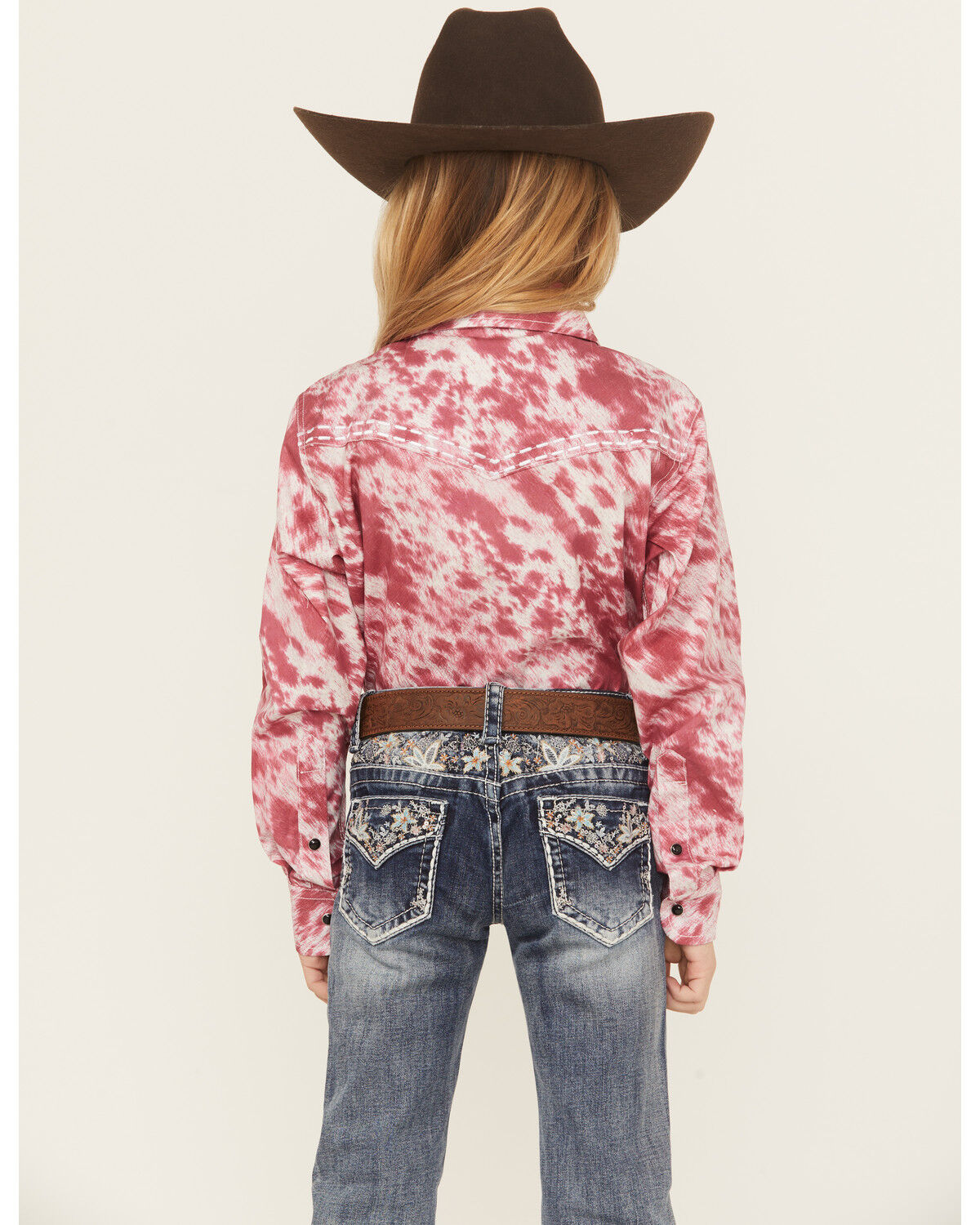 Image #4 - Cowgirl Hardware Girls' Cowhide Print Long Sleeve Snap Stretch Western Shirt, Pink, hi-res