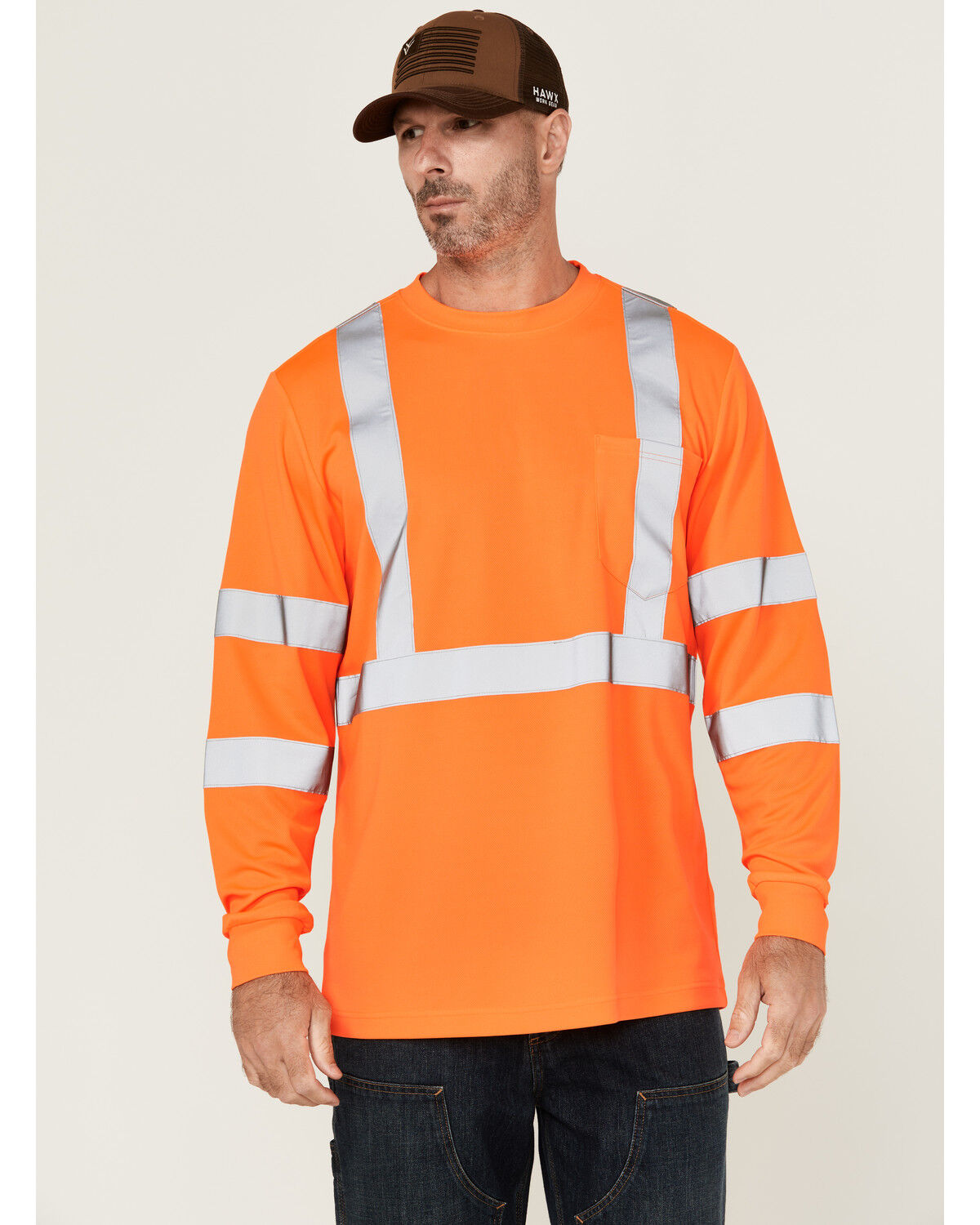 Image #1 - Hawx Men's Hi-Vis Reflective Long Sleeve Work T-Shirt - Big, Orange, hi-res