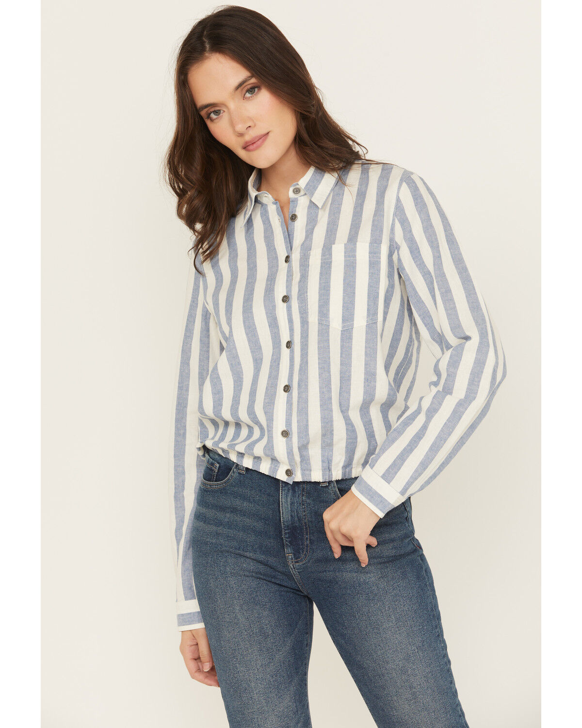 Image #1 - Cleo + Wolf Women's Erica Striped Print Long Sleeve Button-Down Western Shirt, Steel Blue, hi-res