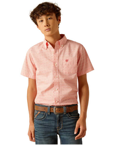 Image #1 - Ariat Boys' Kamden Southwestern Print Short Sleeve Button-Down Western Shirt , Coral, hi-res
