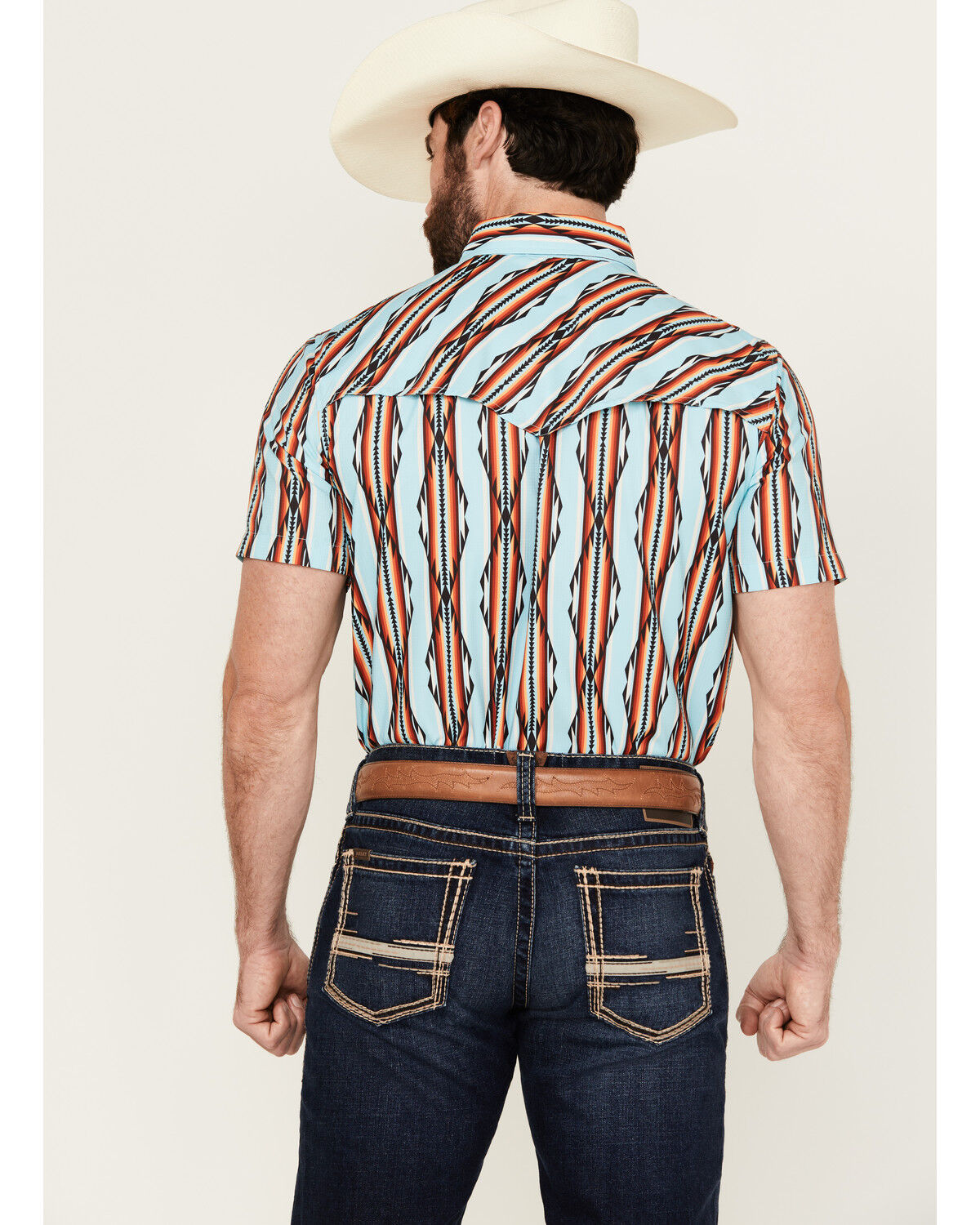 Image #4 - Rock & Roll Denim Men's Tek Southwestern Striped Short Sleeve Snap Western Shirt, Turquoise, hi-res