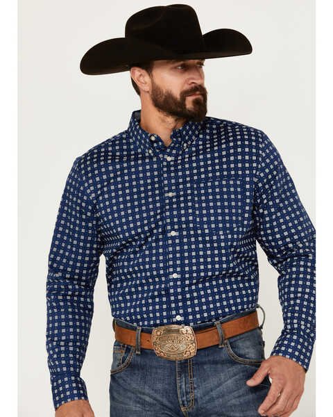 Cody James Men's Rough Road Geo Print Long Sleeve Button-Down Stretch Western Shirt, Navy, hi-res