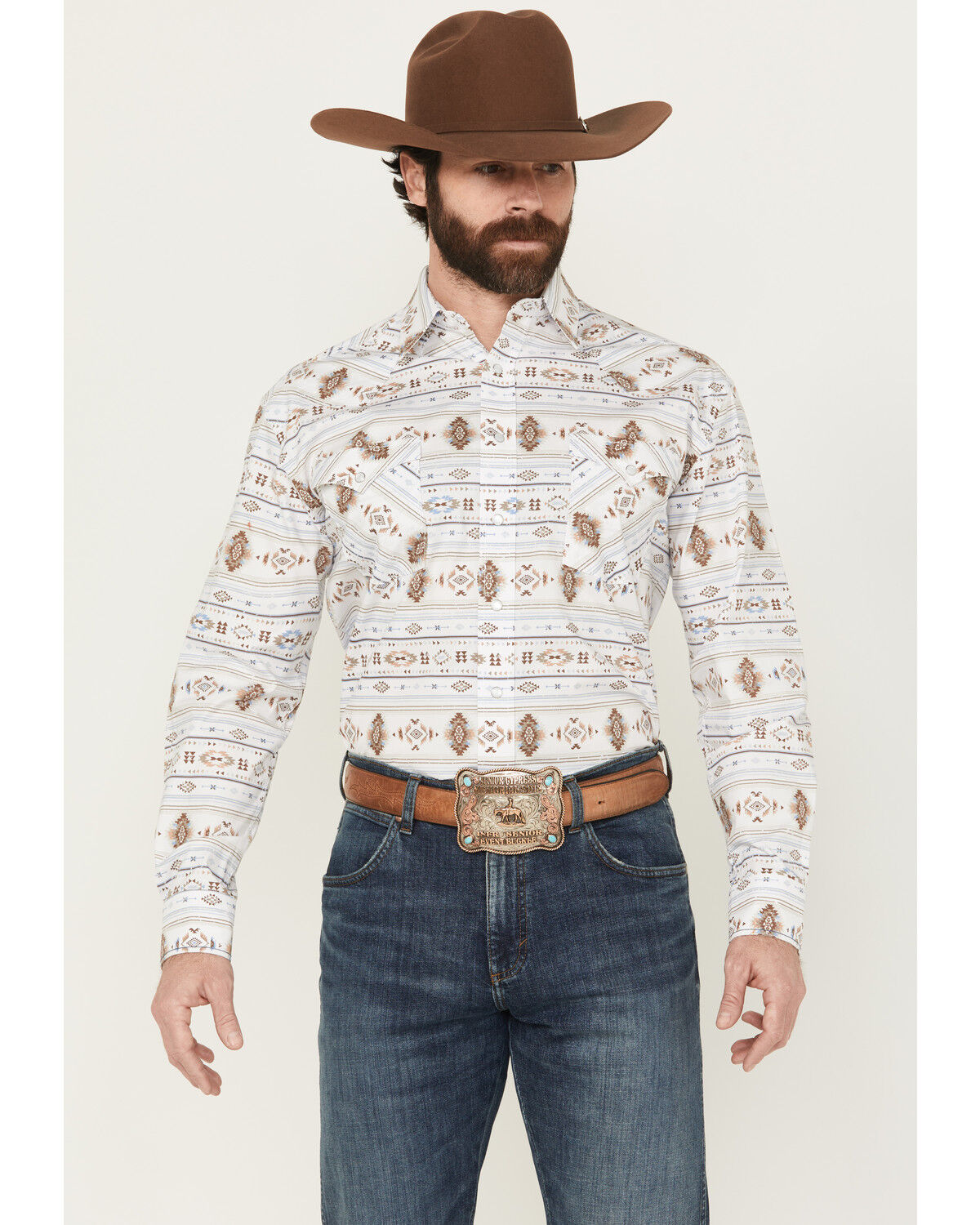 Image #1 - Panhandle Men's Southwestern Striped Long Sleeve Pearl Snap Western Shirt, Taupe, hi-res