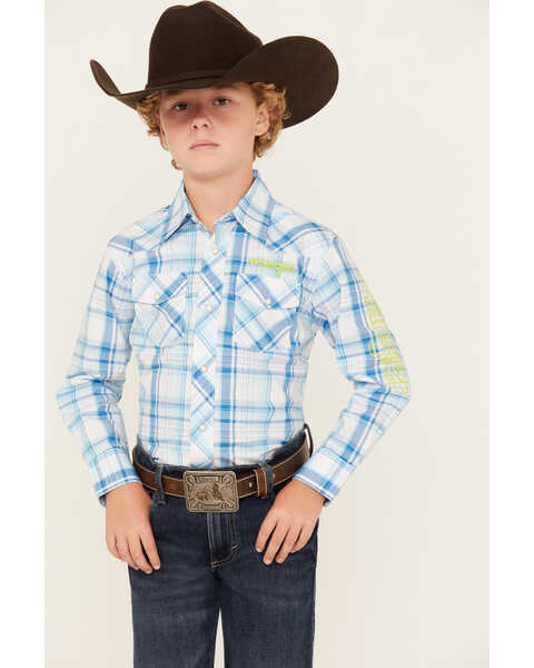 Wrangler Boys' Plaid Print Logo Long Sleeve Snap Western Shirt, Light Blue, hi-res