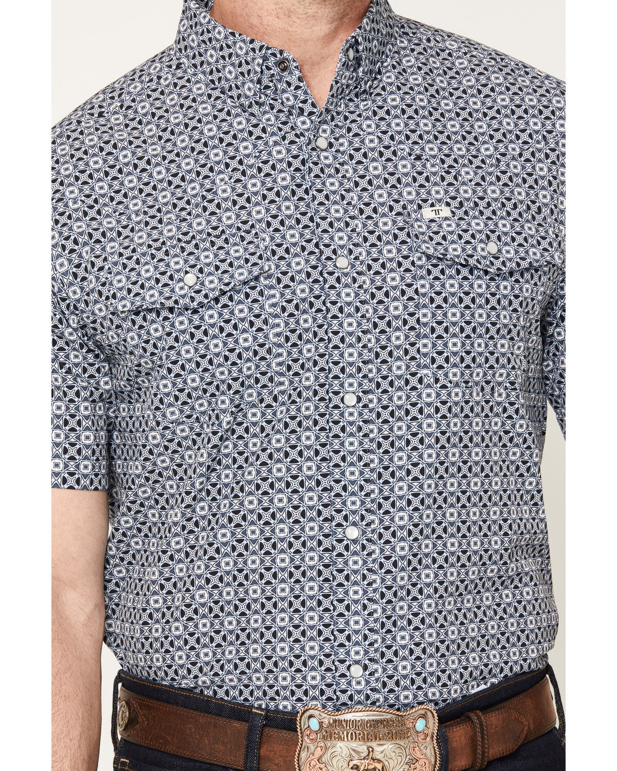 Image #3 - Ferrell Men's Emerson Tek Medallion Print Short Sleeve Pearl Snap Stretch Western Shirt, Blue, hi-res