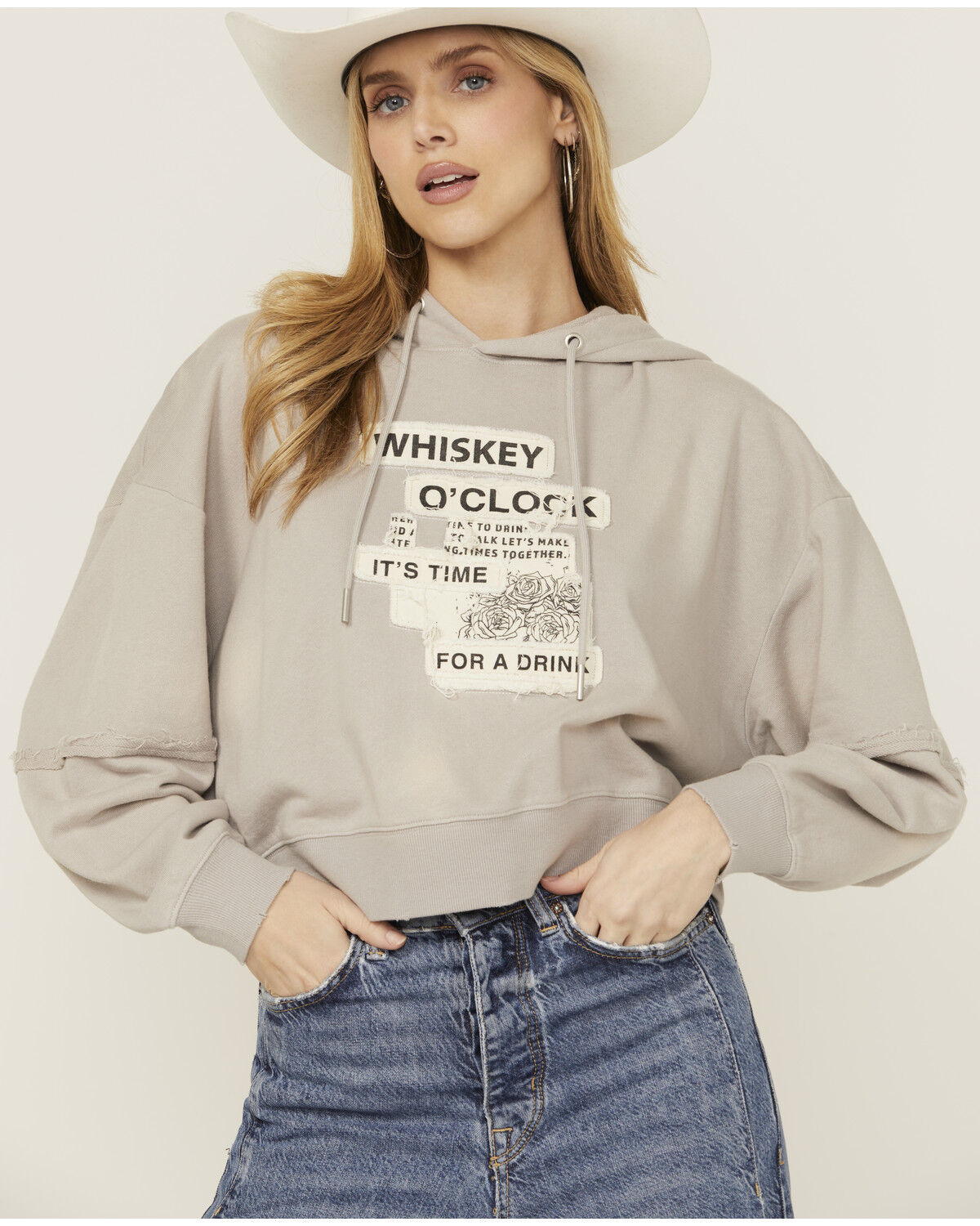 Image #1 - Cleo + Wolf Women's Whiskey O' Clock Graphic Cropped Hoodie, Light Grey, hi-res
