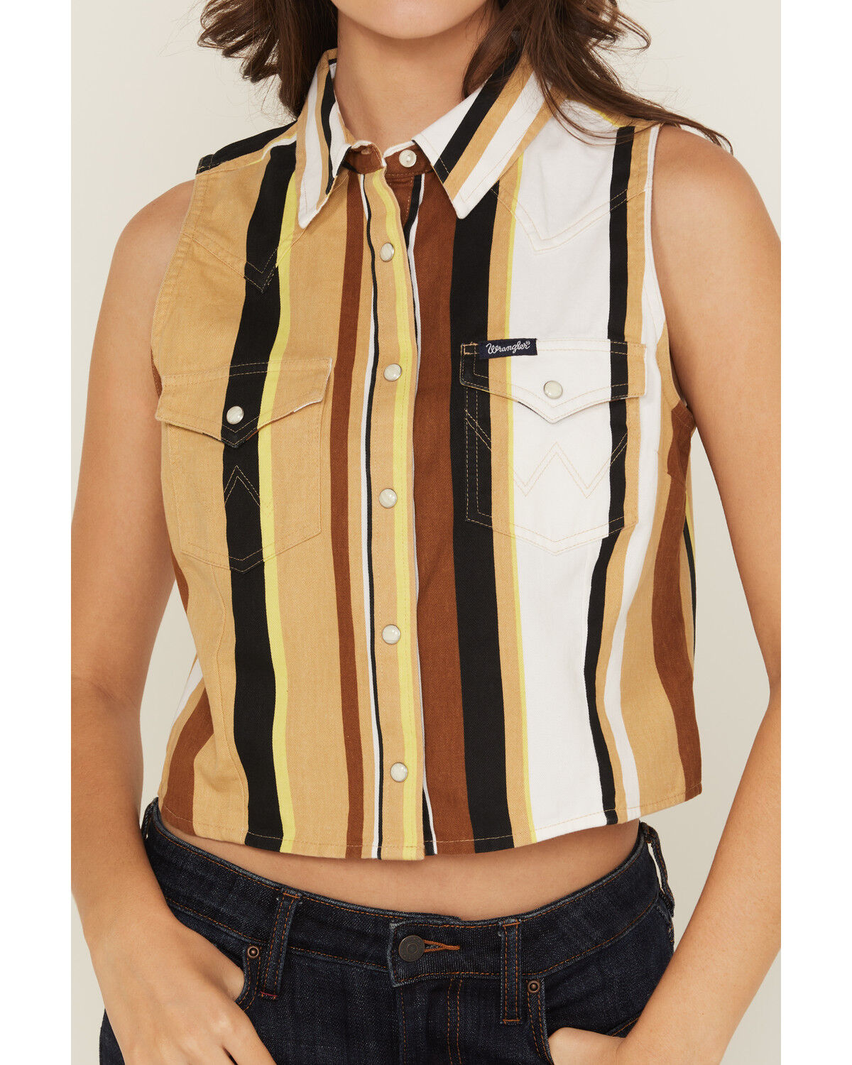 Image #3 - Wrangler Retro Women's Striped Print Sleeveless Snap Cropped Western Shirt, Tan, hi-res
