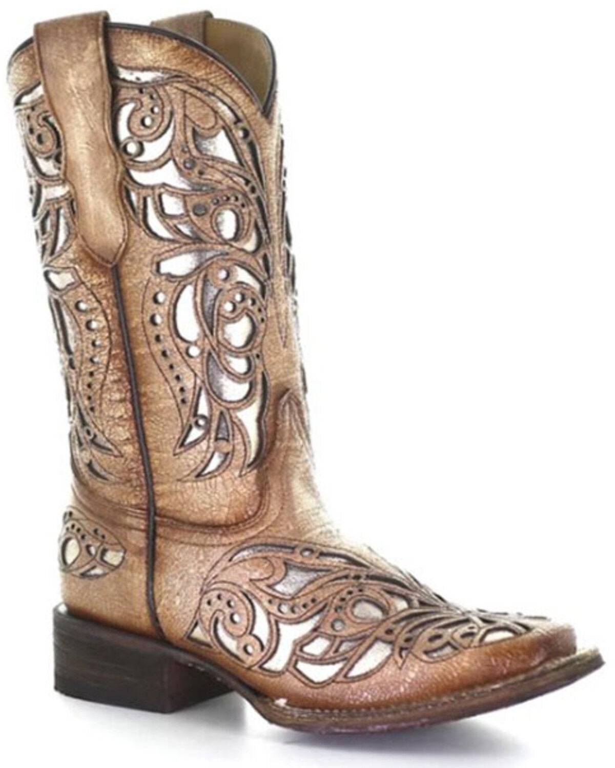 Corral Girls' Shiny Inlay Western Boots - Square Toe, Tan, hi-res