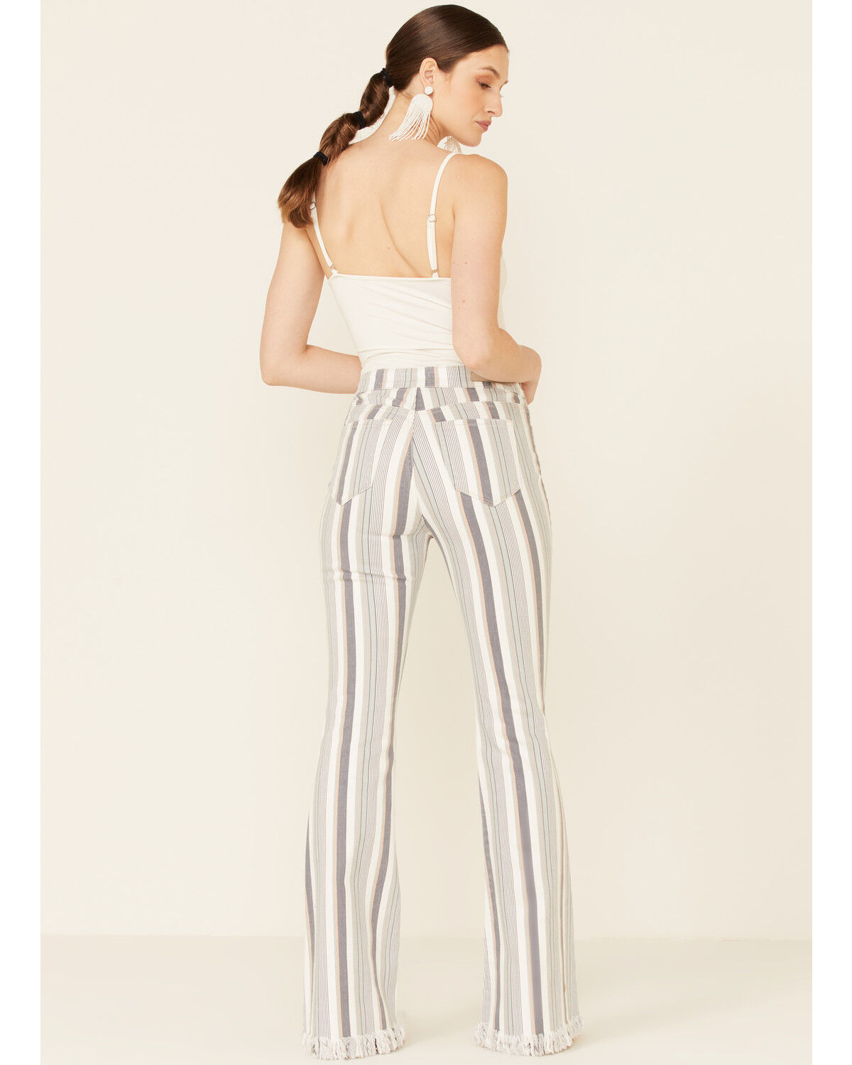 Image #4 - Cello Women's Striped Raw Hem Flare Jeans, Ivory, hi-res