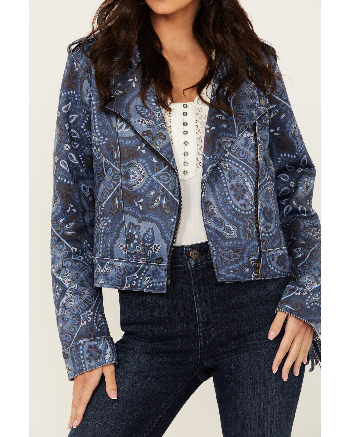 Image #3 - Idyllwind Women's Banbury Printed Faux Suede Moto Jacket, Steel Blue, hi-res