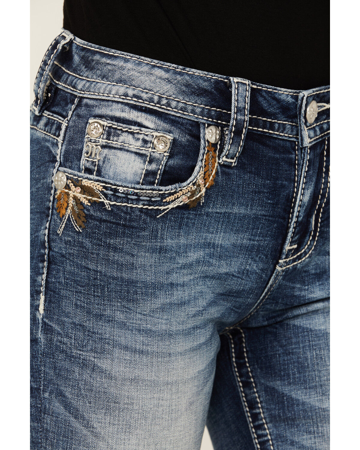 Image #4 - Miss Me Women's Medium Wash Faux Flap Leaf Pocket Mid Rise Bootcut Stretch Denim Jeans, , hi-res