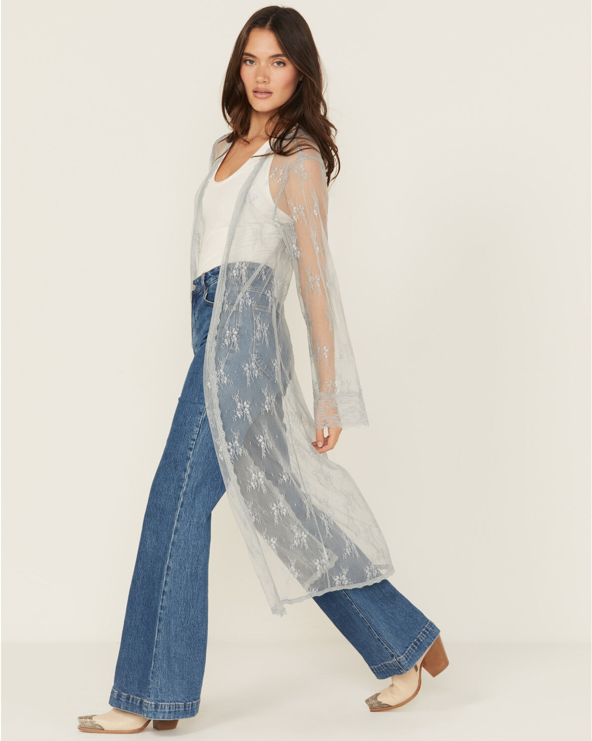 Image #2 - Beyond The Radar Women's Lace Long Sleeve Kimono, Blue, hi-res