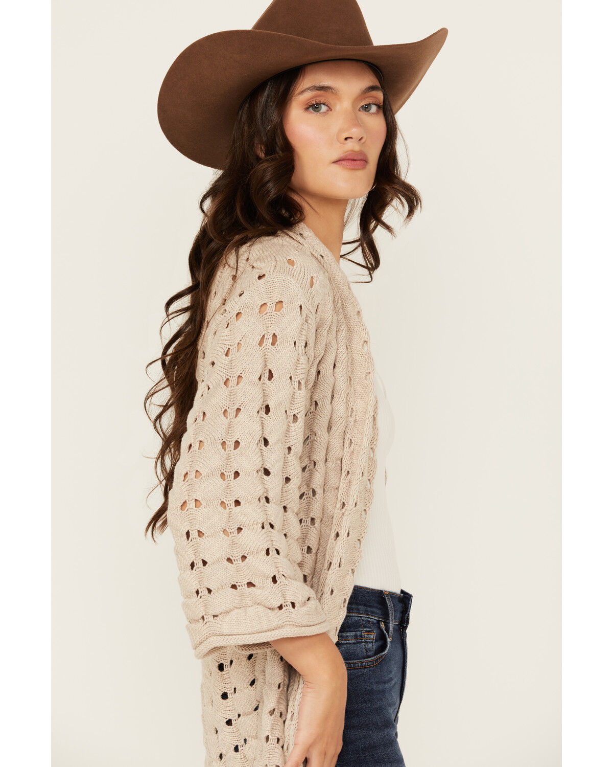 Image #2 - Shyanne Women's Solid Open Knit Duster, Beige, hi-res