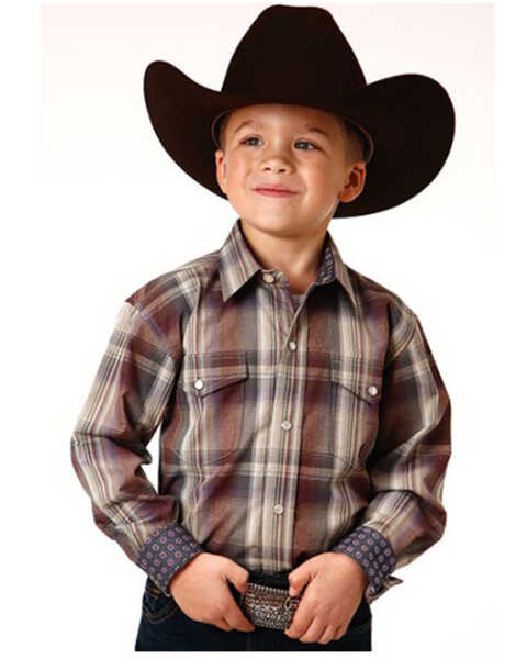 Roper Boys' Amarillo Plaid Print Long Sleeve Snap Western Shirt, Grey, hi-res