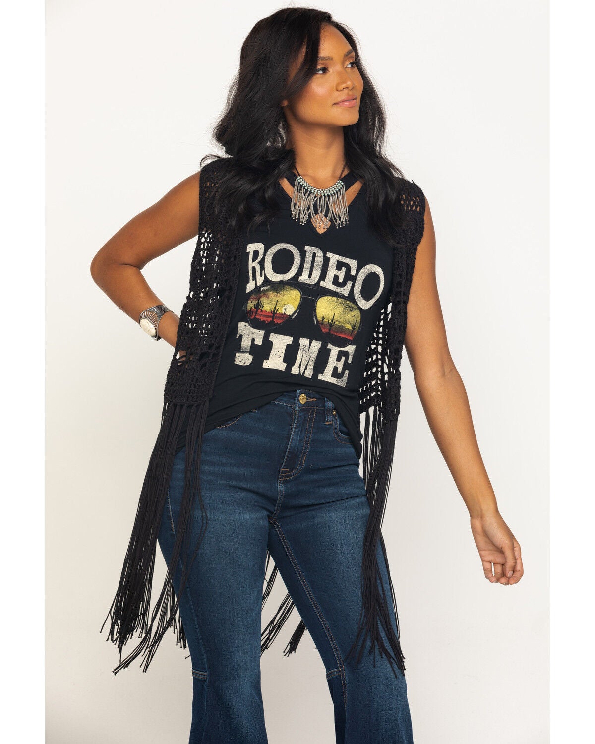 Black Crochet Long Fringe Vest 