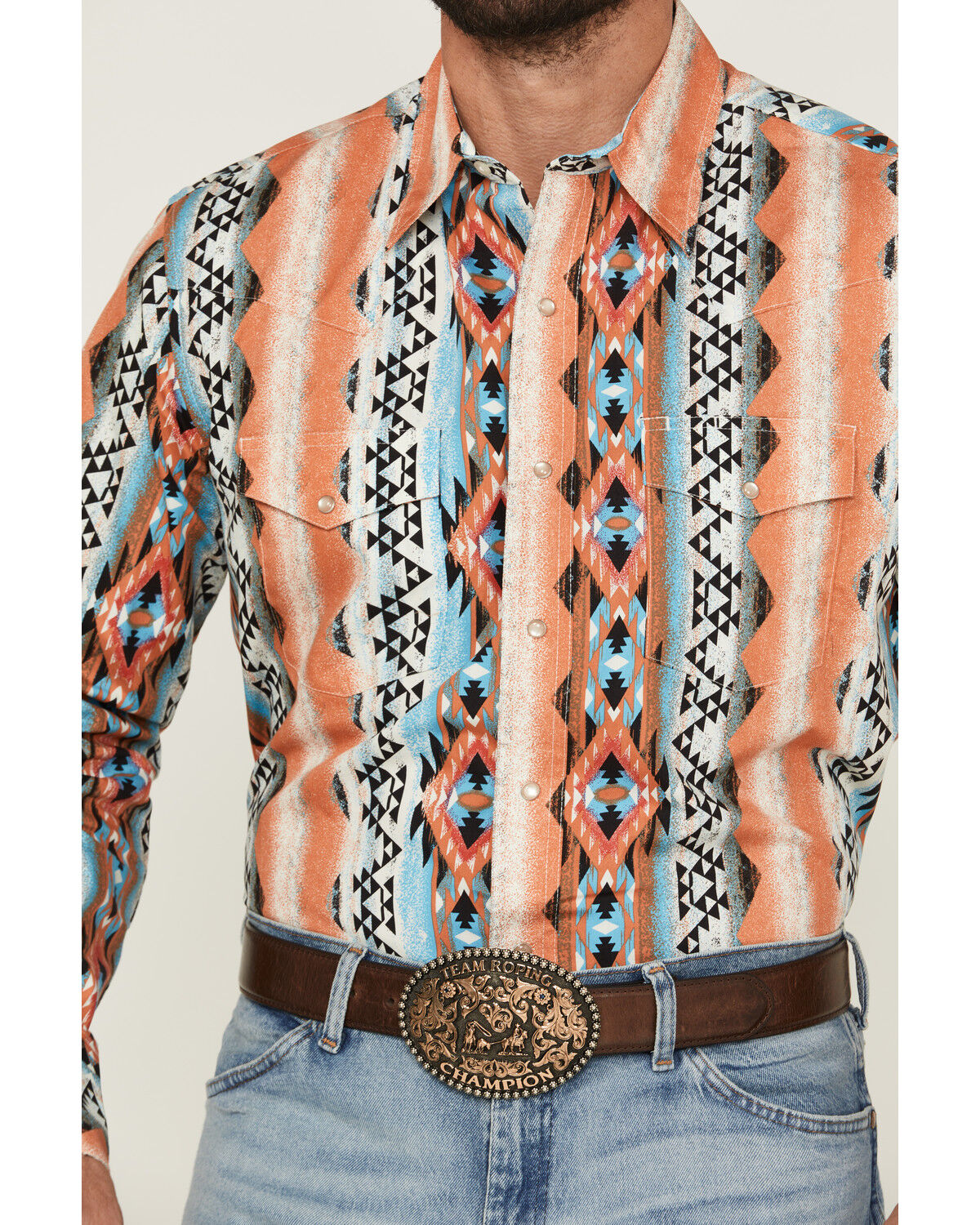 Image #3 - Wrangler Men's Checotah Southwestern Striped Long Sleeve Pearl Snap Western Shirt, Multi, hi-res
