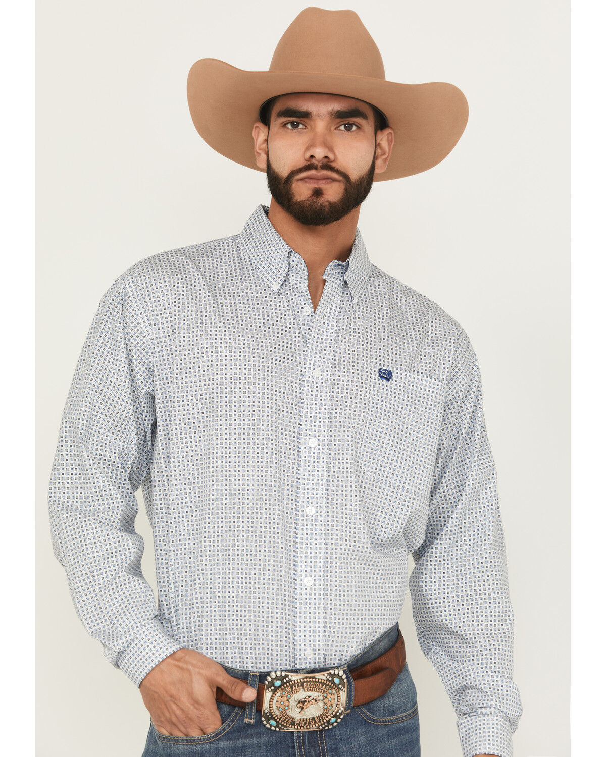 Image #1 - Cinch Men's Geo Print Long Sleeve Button-Down Western Shirt, White, hi-res