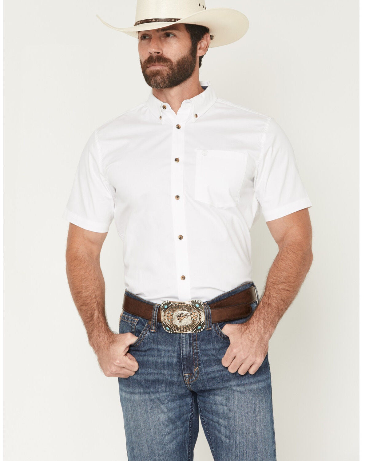 Image #1 - Cody James Men's Basic Solid Short Sleeve Button-Down Stretch Western Shirt - Tall, White, hi-res