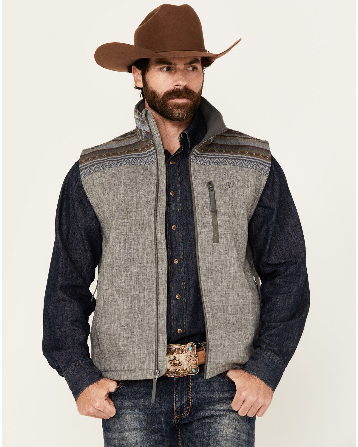 Image #1 - Hooey Men's Southwestern Print Yoke Softshell Vest, Grey, hi-res
