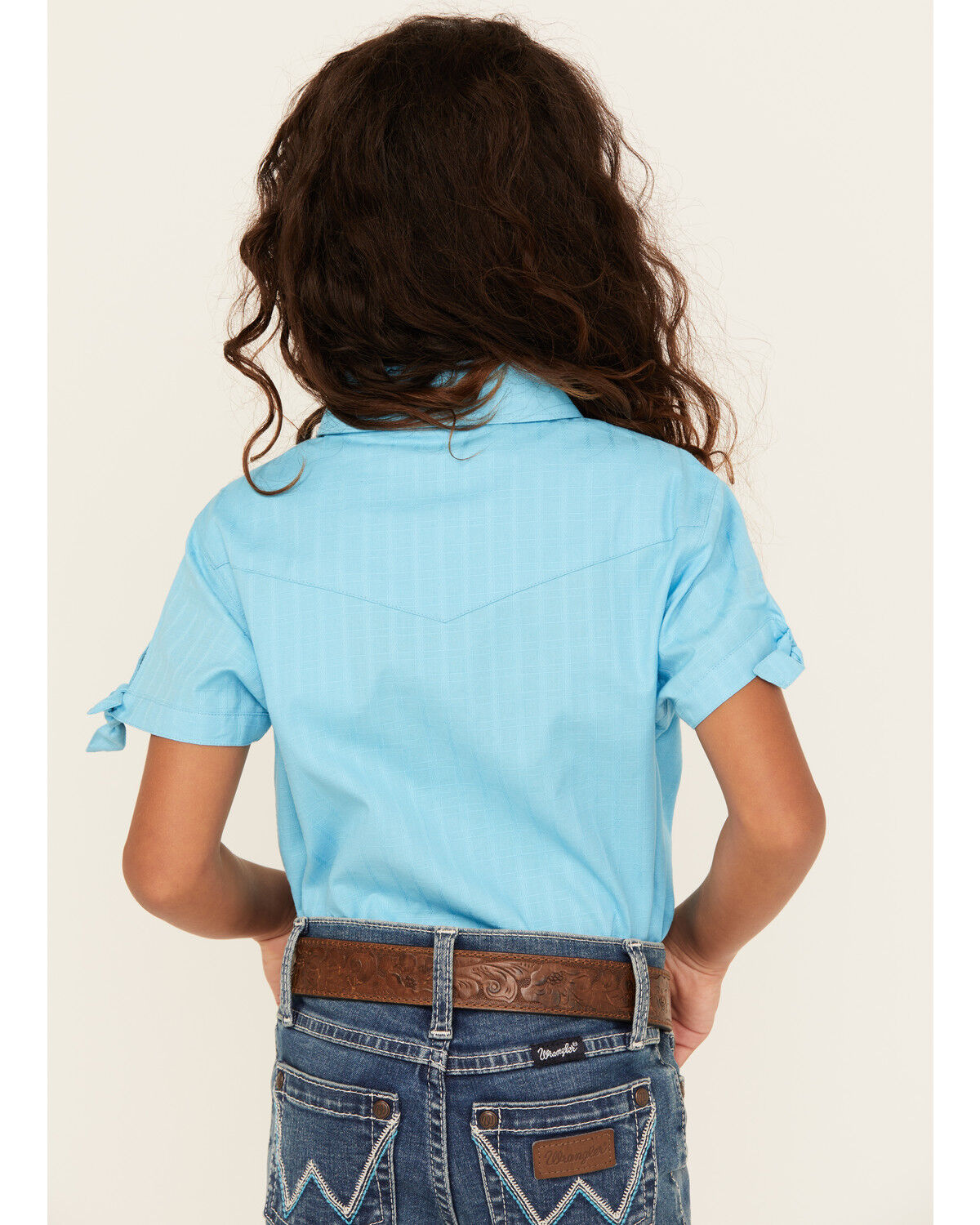Image #4 - Shyanne Girls' Shadow Dobby Print Short Sleeve Snap Western Shirt, Light Blue, hi-res