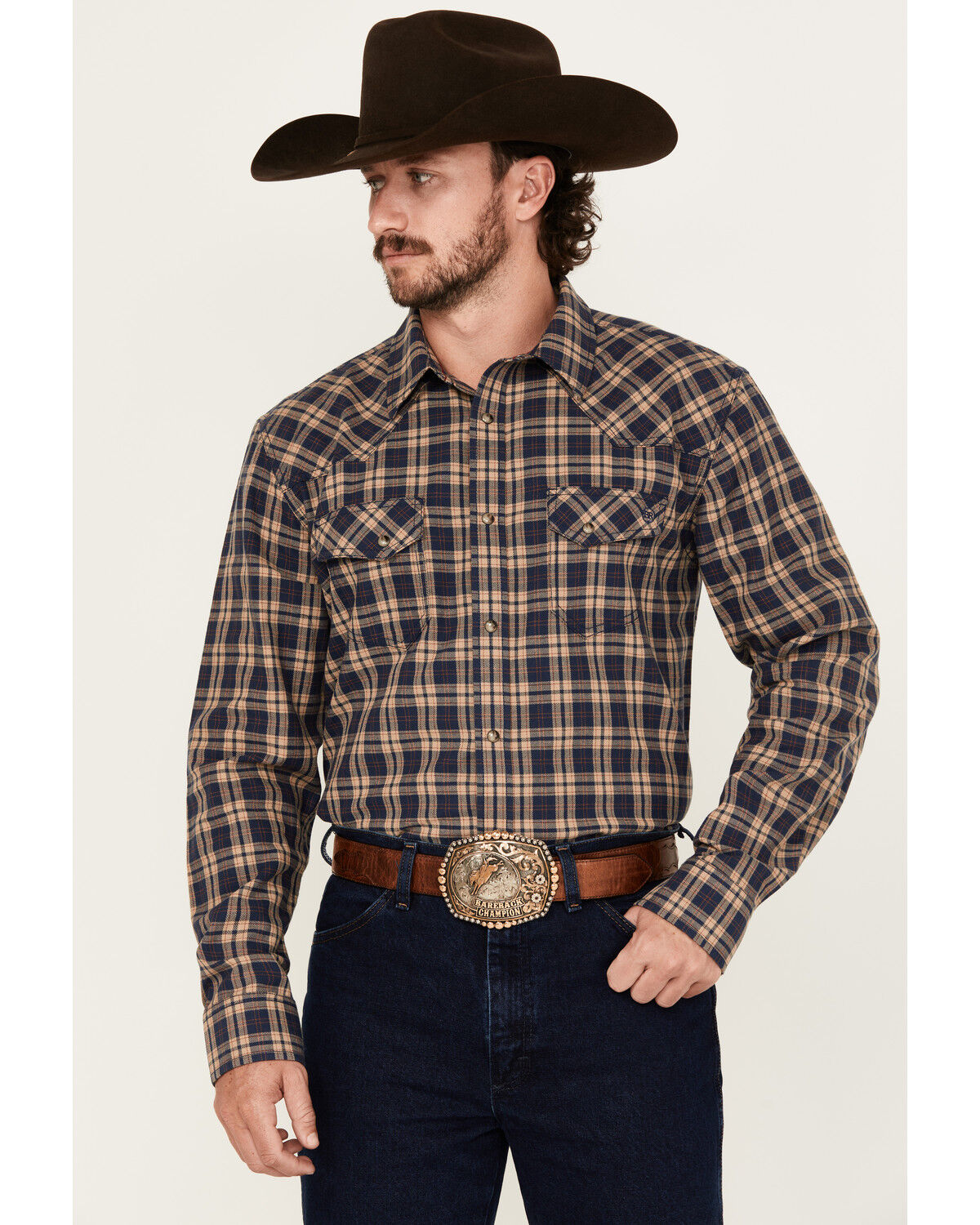 Image #1 - Blue Ranchwear Men's Burrow Plaid Print Long Sleeve Snap Western Shirt, Indigo, hi-res