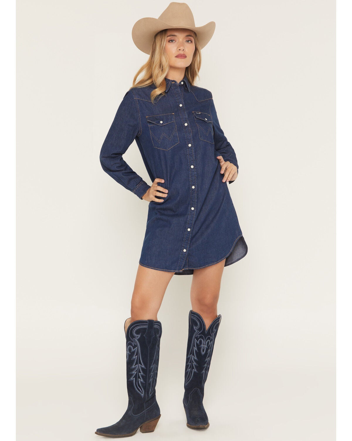 Image #1 - Wrangler Women's Dark Wash Long Sleeve Western Denim Mini Shirt Dress, Dark Wash, hi-res