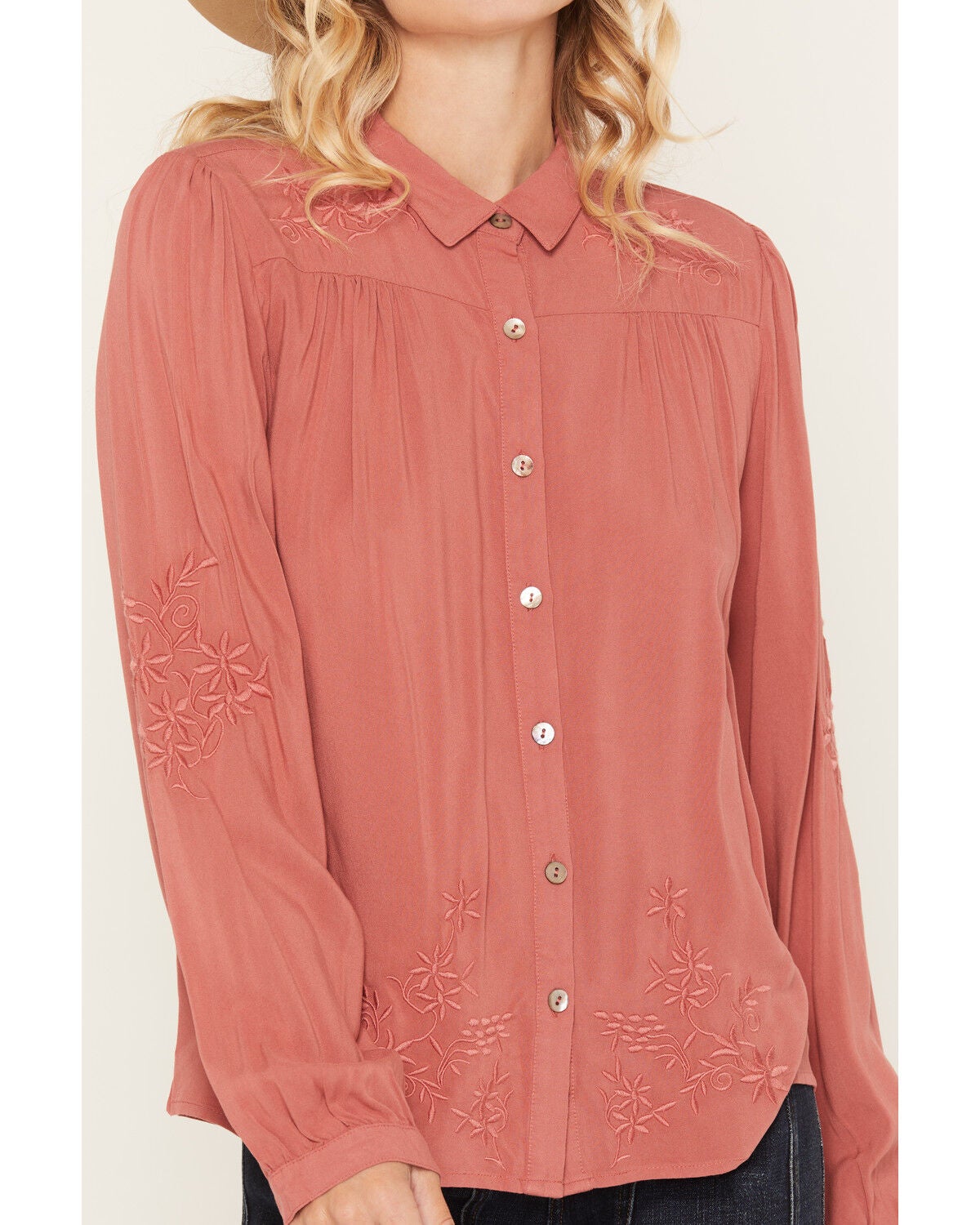 Image #3 - Lovestitch Women's Tonal Floral Embroidered Long Sleeve Button-Down Shirt, Rose, hi-res