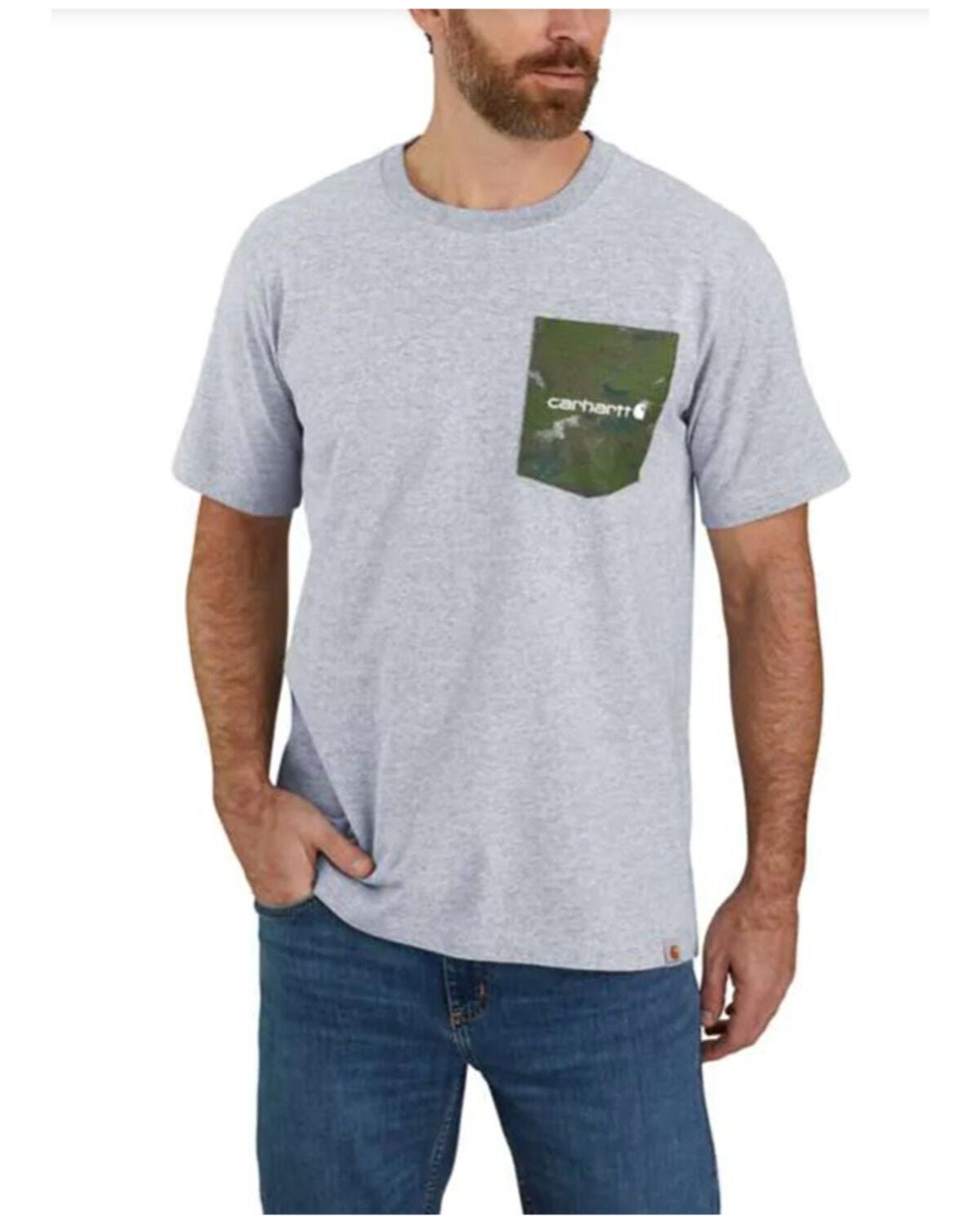 Carhartt Men's Camo Logo Heather Gray Graphic Heavyweight Short Sleeve Work T-Shirt, Grey, hi-res