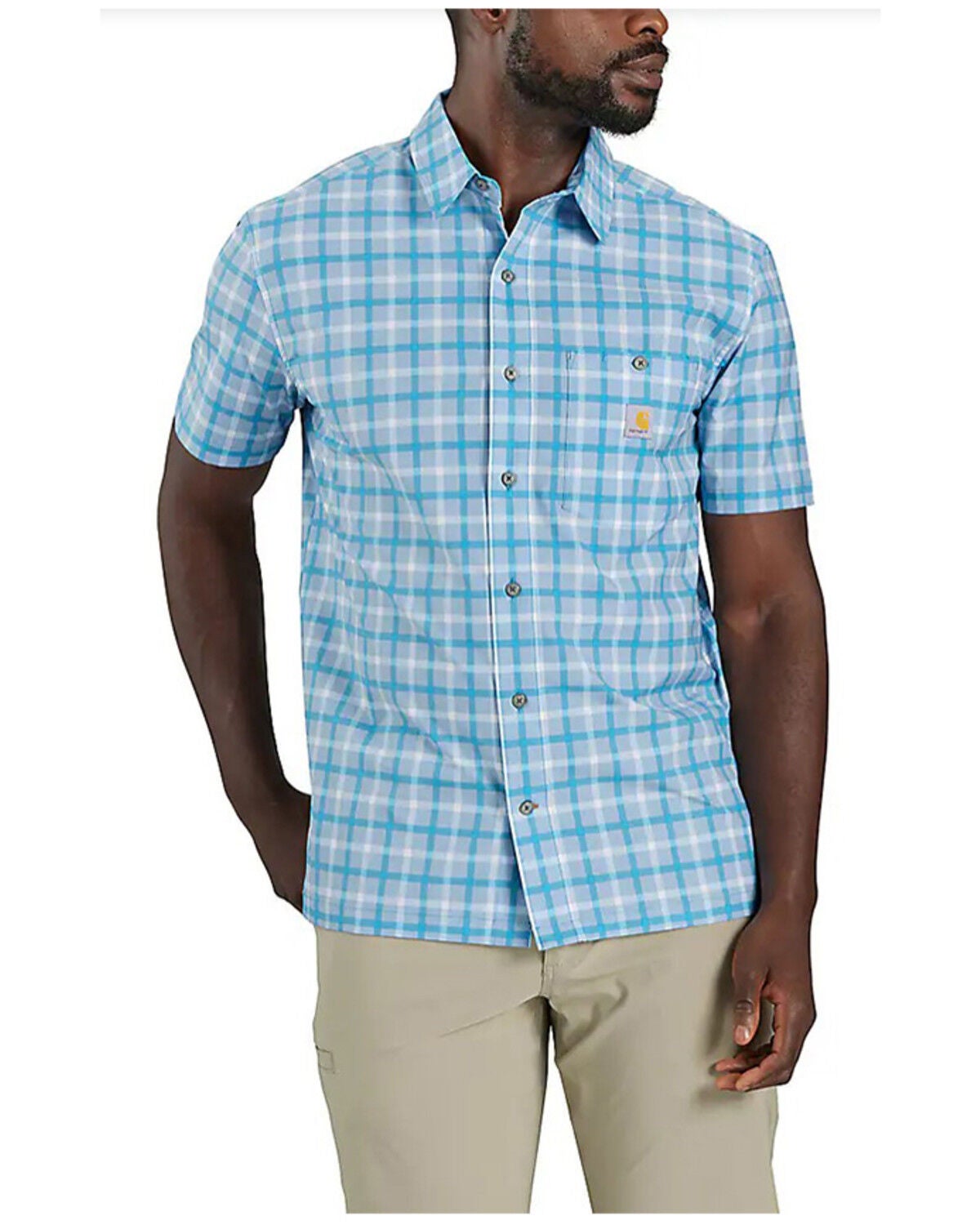 Carhartt Men's Force Sun Defender&trade; Relaxed Fit Lightweight Plaid Print Short Sleeve Button-Down Shirt, Aqua, hi-res