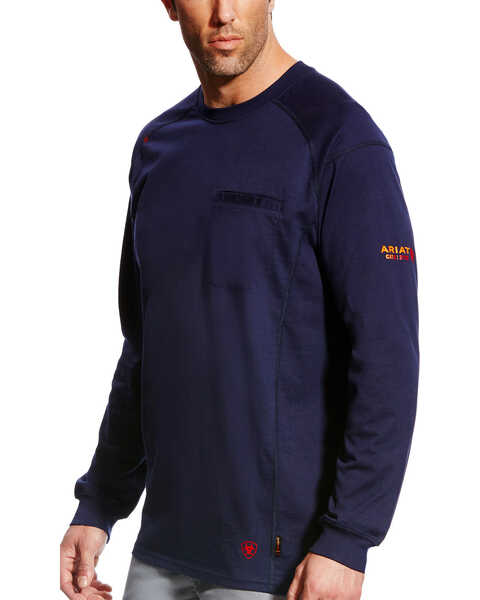 Image #1 - Ariat Men's FR Air Crew Long Sleeve Work Shirt, Navy, hi-res