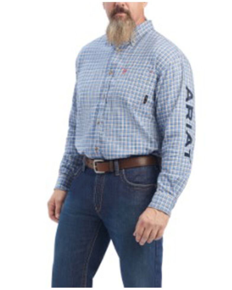 Ariat Men's FR Cunningham Check Logo Button-Down Work Shirt - Big & Tall , Turquoise, hi-res