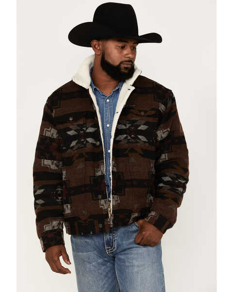 Wrangler Men's Jacquard Southwestern Print Button-Front Sherpa Jacket, Brown, hi-res