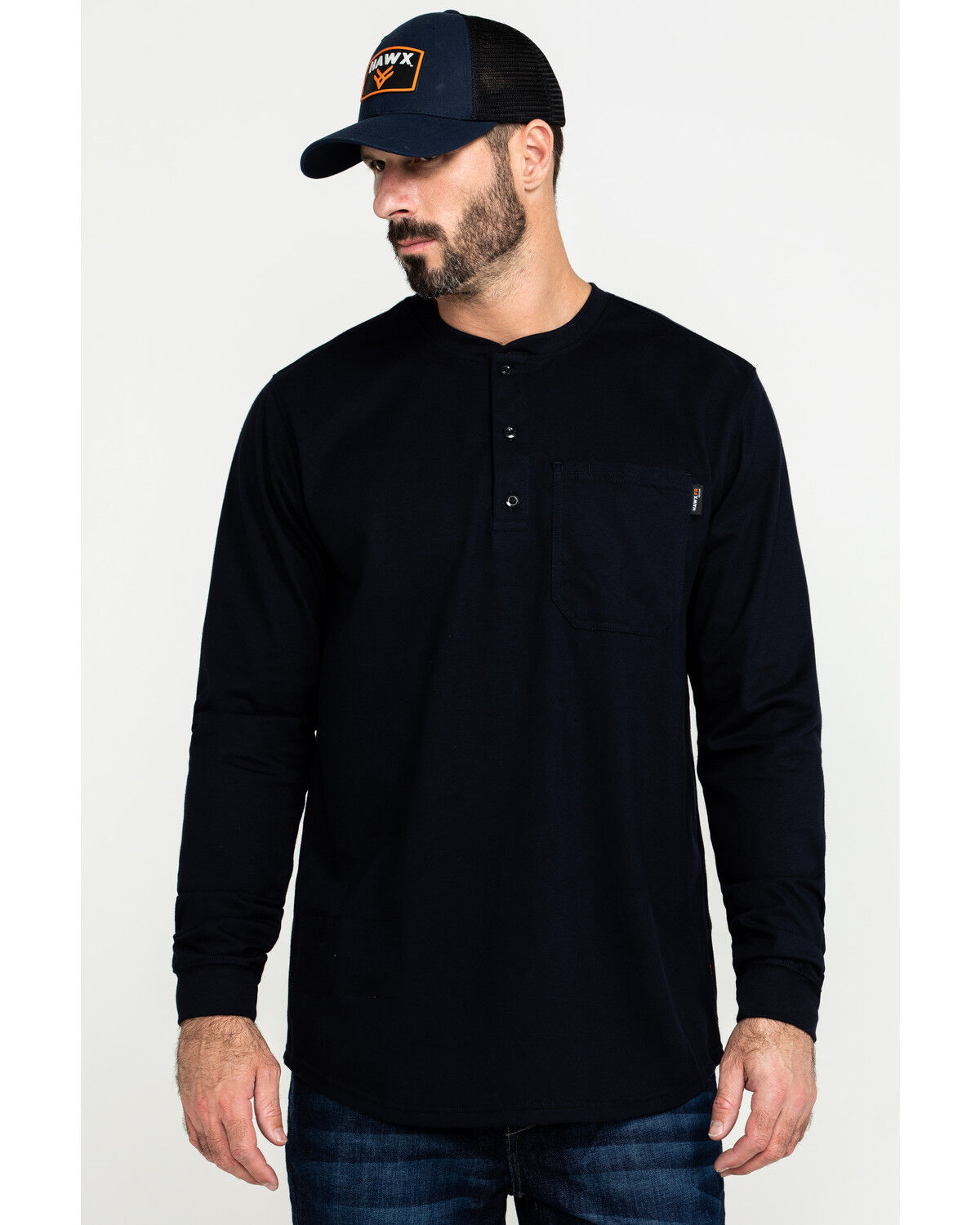 Image #1 - Hawx Men's FR Solid Long Sleeve Pocket Henley Work Shirt - Big, Navy, hi-res