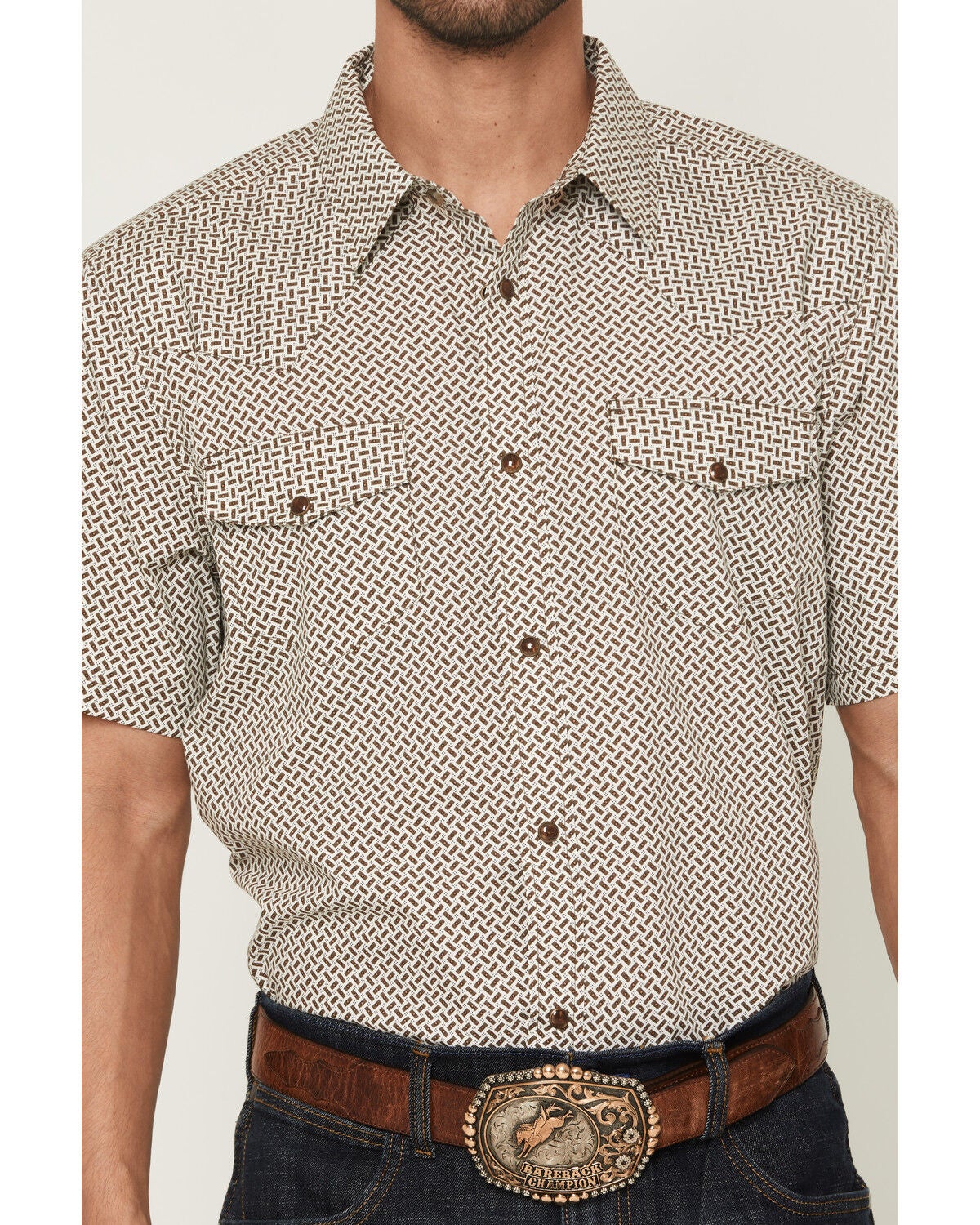 Image #3 - Gibson Trading Co Men's Sedona Tile Geo Print Short Sleeve Snap Western Shirt, Brown, hi-res