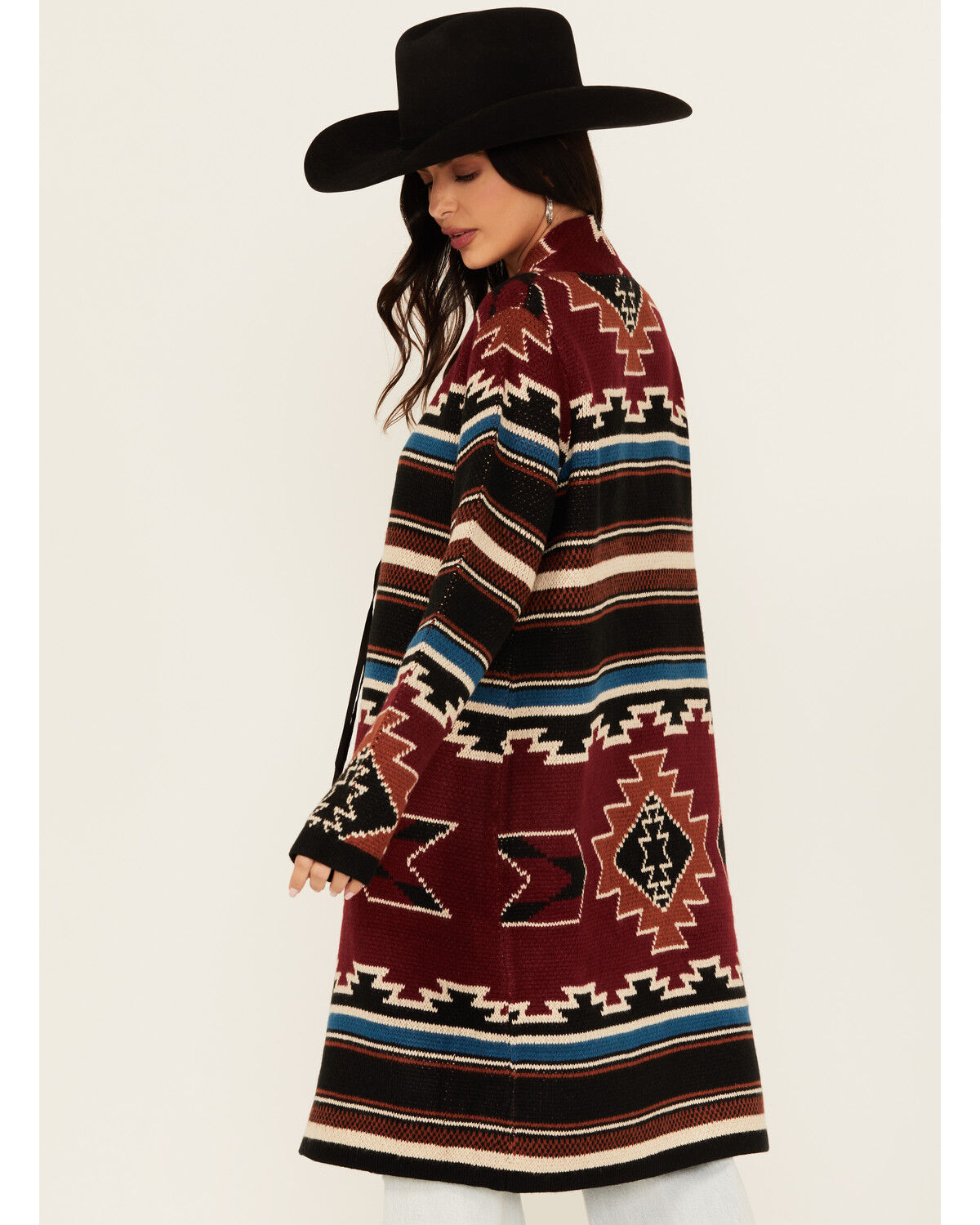 Image #4 - Cotton & Rye Women's Southwestern Print Long Concho Cardigan, Burgundy, hi-res