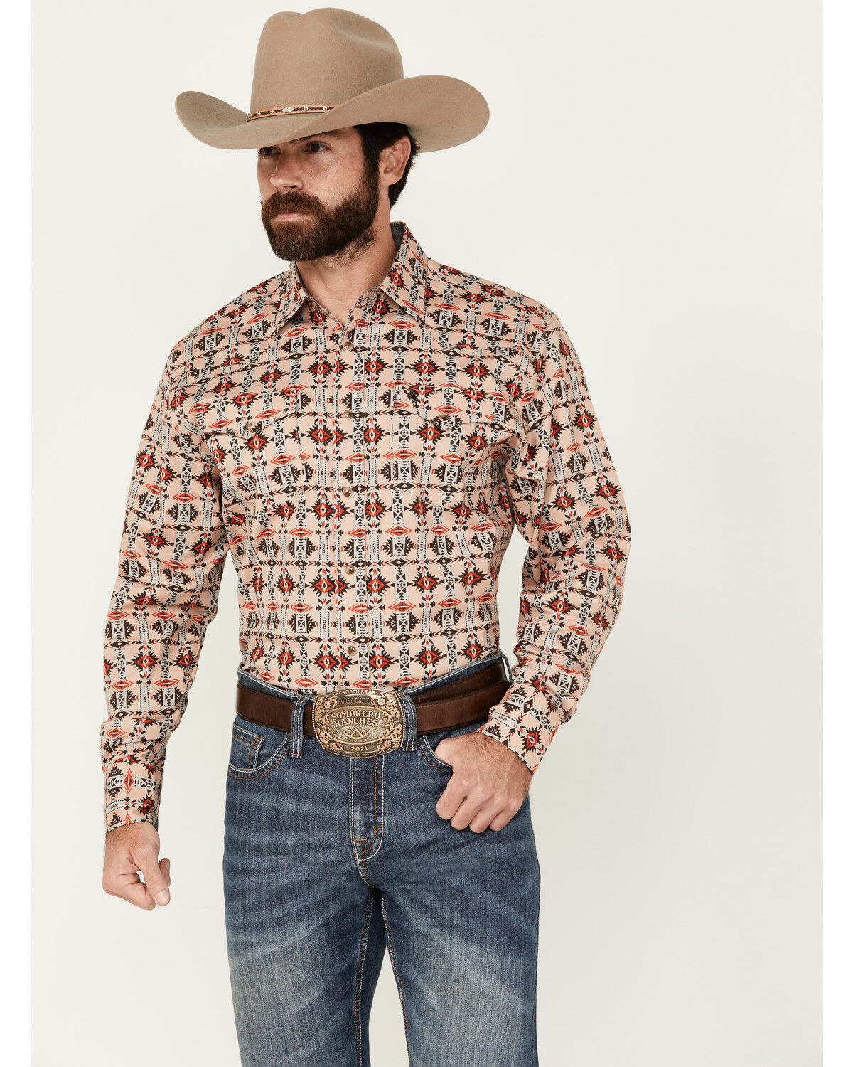 Image #1 - Rodeo Clothing Men's Southwestern Print Long Sleeve Snap Stretch Western Shirt, Tan, hi-res