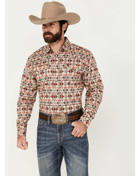 Rodeo Clothing Men's Southwestern Print Long Sleeve Snap Stretch Western Shirt , Tan, hi-res