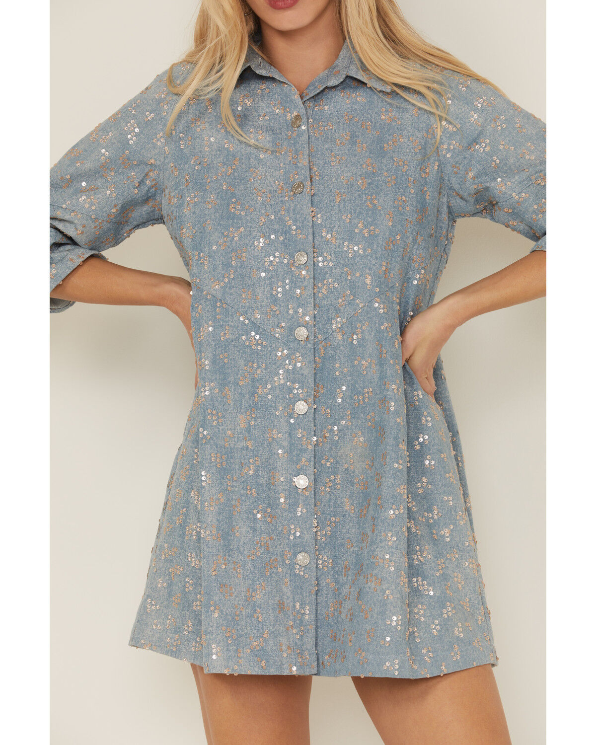 Image #3 - Blue B Women's Denim Sequins Mini Dress, Blue, hi-res