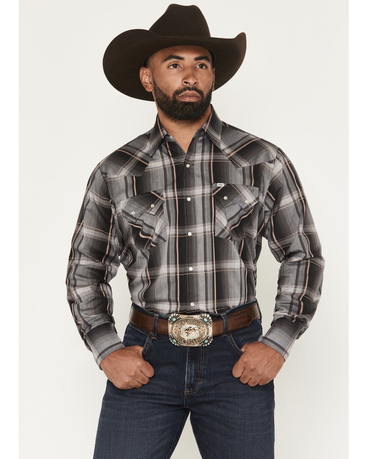 Ely Walker Men's Plaid Print Long Sleeve Pearl Snap Western Shirt - Big, Black, hi-res